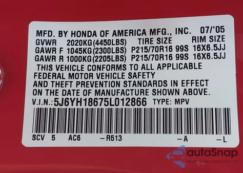 2005 Honda Element Ex from USA, damaged, VIN 5J6YH18675L012866